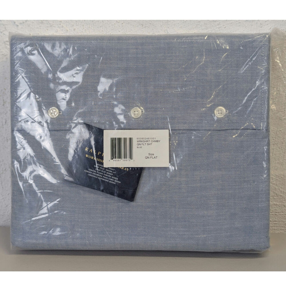 New Ralph Lauren Queen Flat Sheet Workshirt Chambray Blue Preppy Cotton Classic